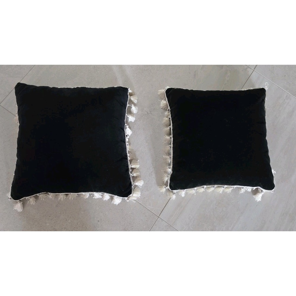 Set 2 Black Velvet Throw Pillows Tassel Fringe Gothic Romantic Dark Boho Chic